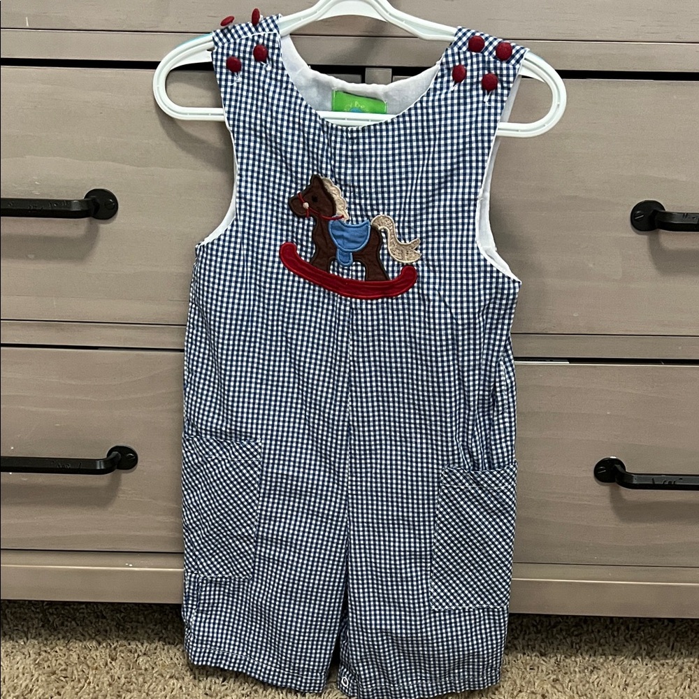 Jelly Beans Blue Gingham Rocking Horse Shortalls with Red Accents